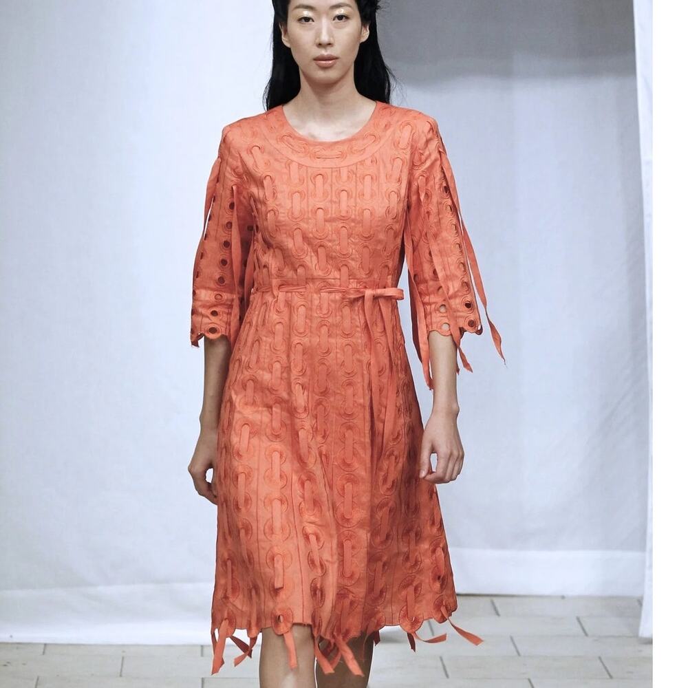 J Song Linen Ribbon Threaded Circle Dress, Orange/Rust, Unique Art to Wear, 4